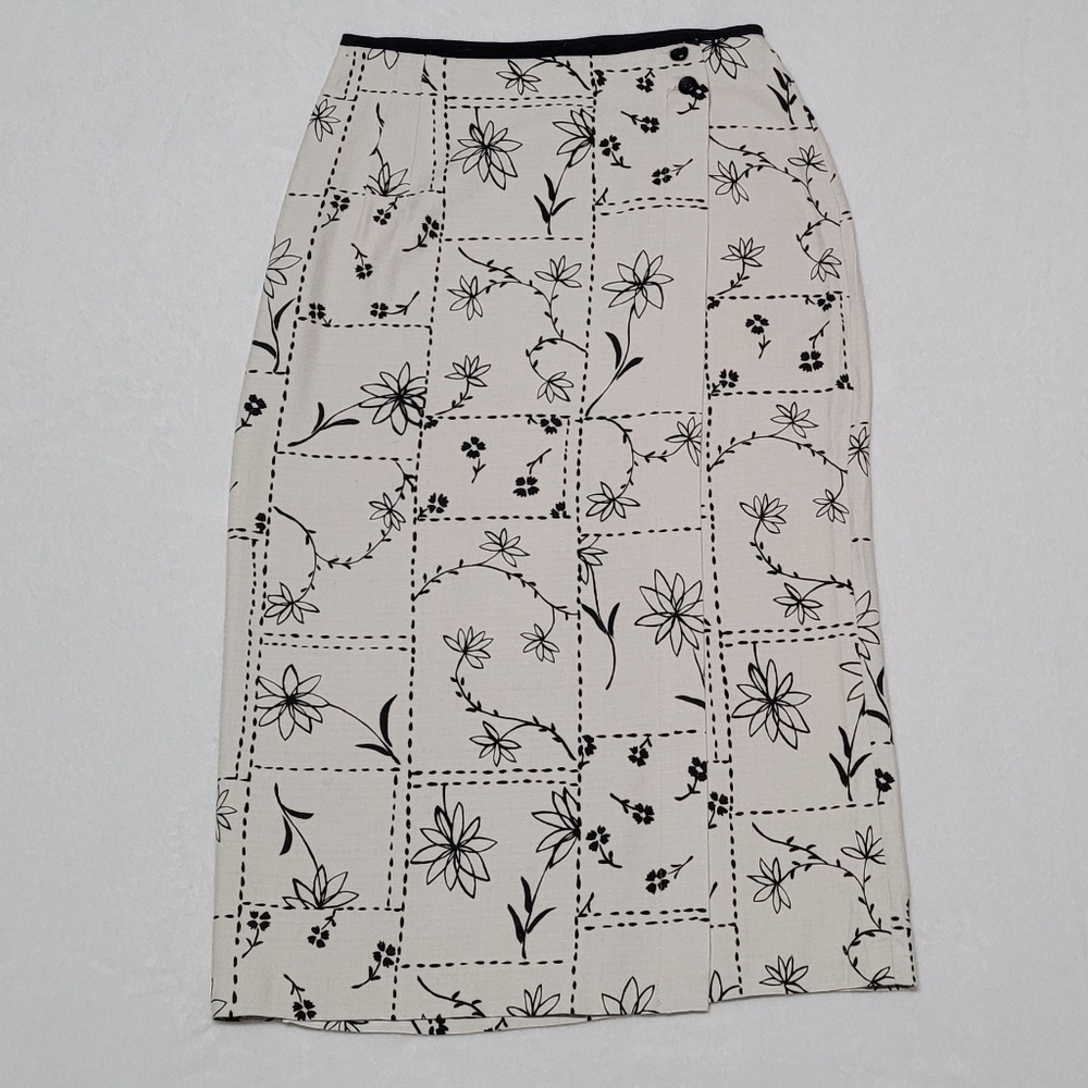Vintage Studio C Beige Black Patchwork Floral High Rise Midi Wrap Skirt 12 - Picture 4 of 13